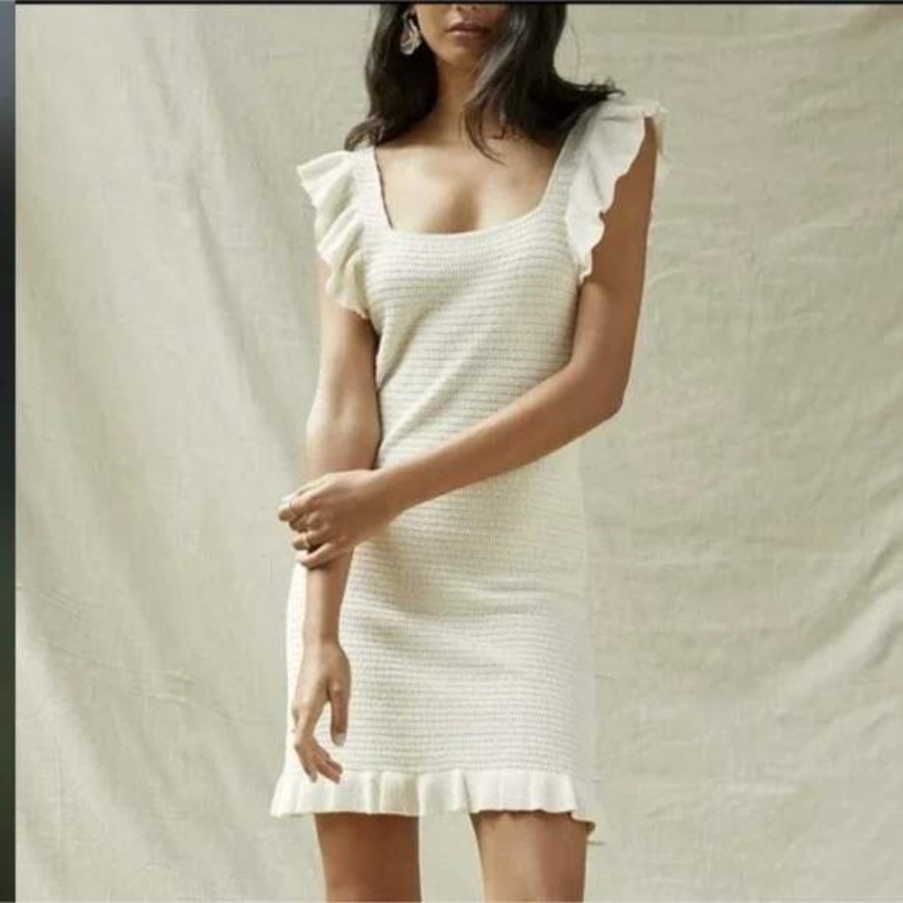 Anthropologie X‎ Mystree Ruffled Pointelle Knit Mini Dress, Ivory Cream, Medium